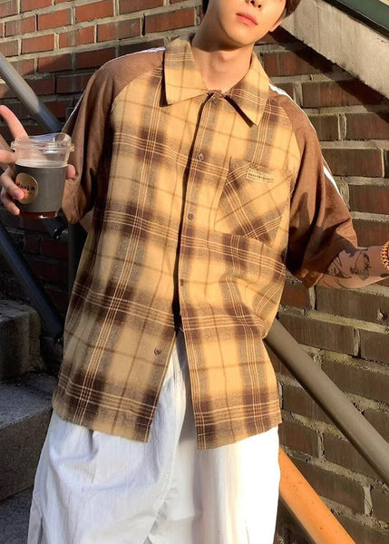 Shirt Mens Art Half Cotton Plaid Sleeve Yellow Patchwork FashionChic