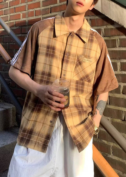 Shirt Mens Art Half Cotton Plaid Sleeve Yellow Patchwork FashionChic