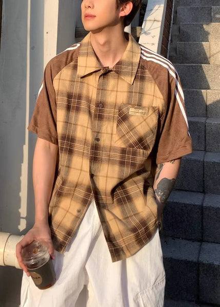 Shirt Mens Art Half Cotton Plaid Sleeve Yellow Patchwork FashionChic