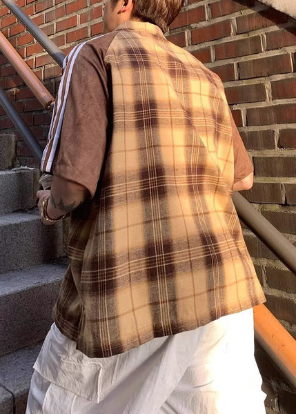 Shirt Mens Art Half Cotton Plaid Sleeve Yellow Patchwork FashionChic