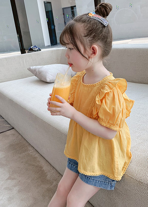 Art Yellow Ruffled Patchwork Girls Top Short Sleeve SS1017 MM-RCTZ-STP240601