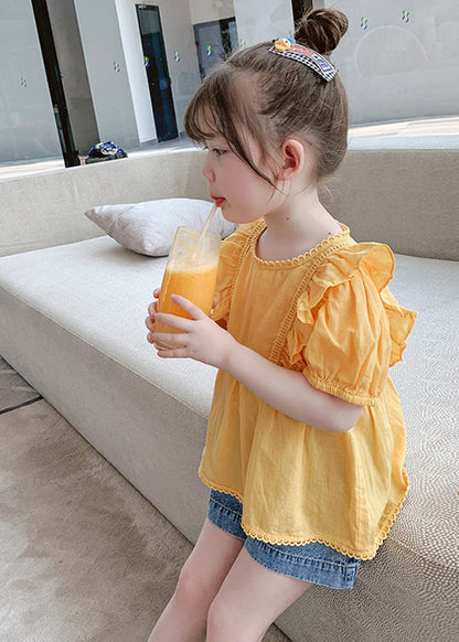 Art Yellow Ruffled Patchwork Girls Top Short Sleeve SS1017 MM-RCTZ-STP240601