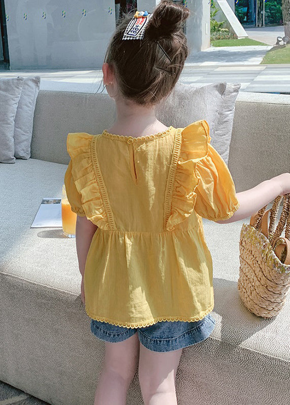 Art Yellow Ruffled Patchwork Girls Top Short Sleeve SS1017 MM-RCTZ-STP240601