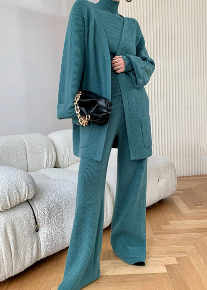 Autumn New Peacock Blue Knitted Wide Leg Pants Sweater And Cardigan 3 Piece Set WO036 HS-TPIEC241109