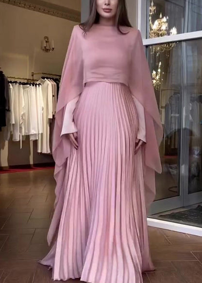 Autumn New Pink Pleated Long Sleeved Dress Shawl Set WO060 OM-ZS241108