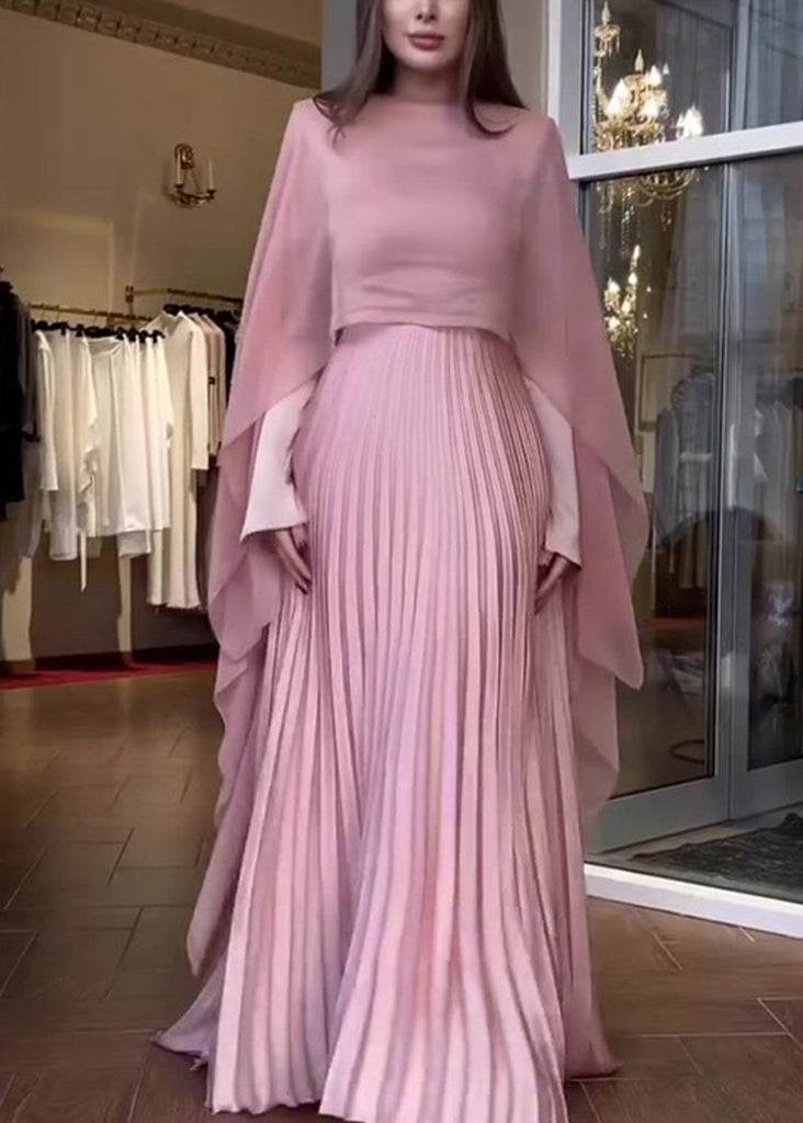 Autumn New Pink Pleated Long Sleeved Dress Shawl Set QL041 OM-ZS241023