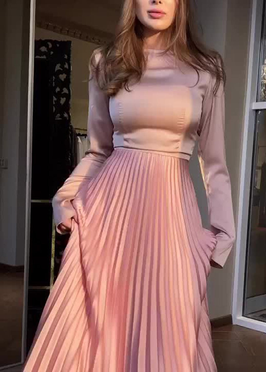 Autumn New Pink Pleated Long Sleeved Dress Shawl Set WO060 OM-ZS241108