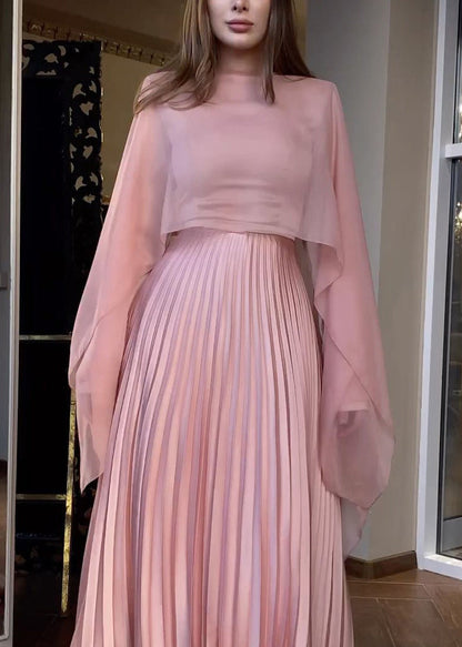 Autumn New Pink Pleated Long Sleeved Dress Shawl Set WO060 OM-ZS241108