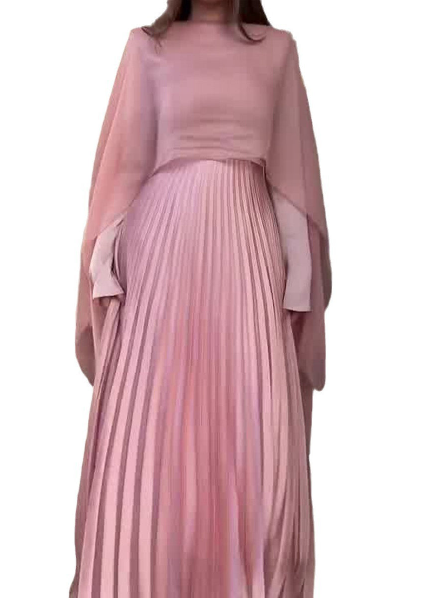 Autumn New Pink Pleated Long Sleeved Dress Shawl Set WO060 OM-ZS241108