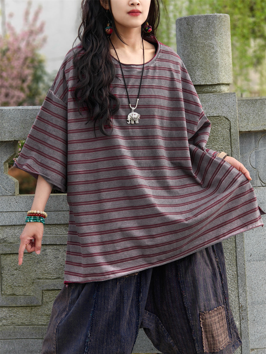 Casual Shirt Stripe Summer Cotton Plus Size Women FashionChic