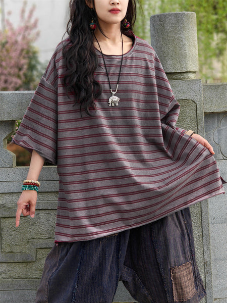 Casual Shirt Stripe Summer Cotton Plus Size Women FashionChic