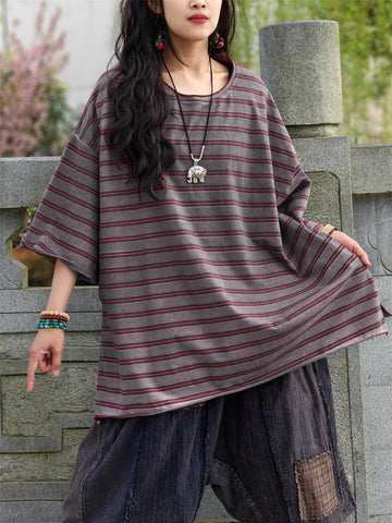 Casual Shirt Stripe Summer Cotton Plus Size Women FashionChic