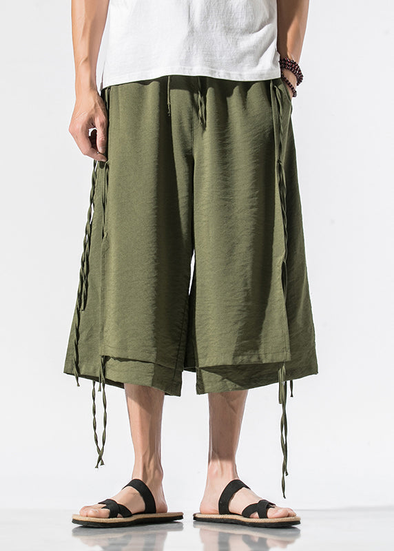 Beach Army Green Pockets Tie Waist Mens Wide Leg Pants YT023 Men-Silk-MENCP240721