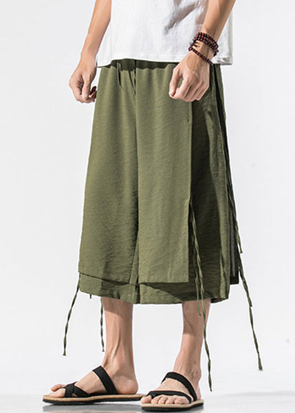 Beach Army Green Pockets Tie Waist Mens Wide Leg Pants YT023 Men-Silk-MENCP240721