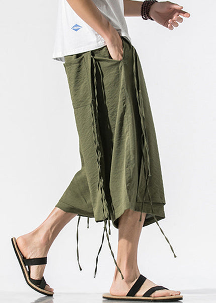 Beach Army Green Pockets Tie Waist Mens Wide Leg Pants YT023 Men-Silk-MENCP240721