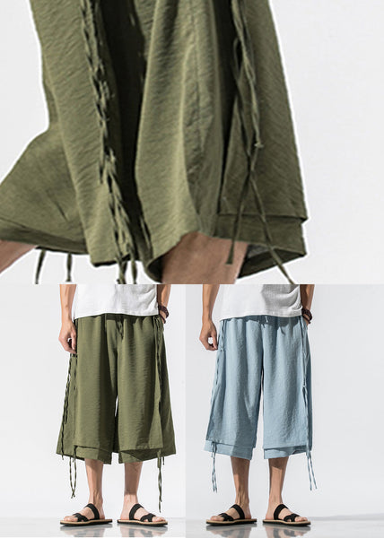 Beach Army Green Pockets Tie Waist Mens Wide Leg Pants YT023 Men-Silk-MENCP240721