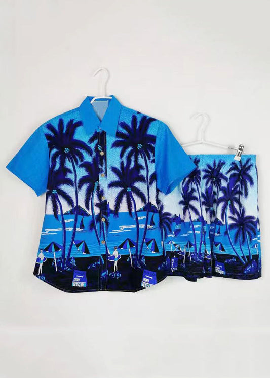 Beach Blue Button Print Shirt And Shorts Cotton Mens Two Piece Set Short Sleeve HG052 Men-Silk-MENTS240725