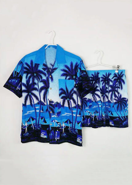 Beach Blue Button Print Shirt And Shorts Cotton Mens Two Piece Set Short Sleeve HG052 Men-Silk-MENTS240725