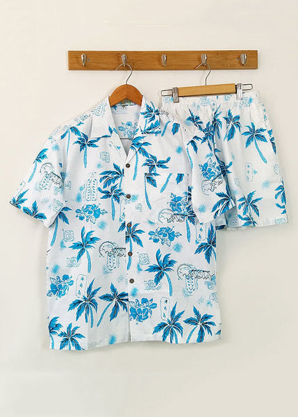 Beach Blue Button Print Shirt And Shorts Cotton Mens Two Piece Set Short Sleeve HG052 Men-Silk-MENTS240725