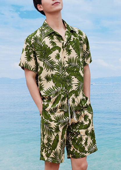 Beach Blue Peter Pan Collar Print Cotton Mens Two Piece Set Summer HG057 Men-Silk-MENTS240725