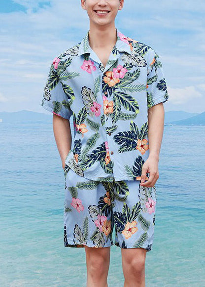 Beach Blue Peter Pan Collar Print Cotton Mens Two Piece Set Summer HG057 Men-Silk-MENTS240725