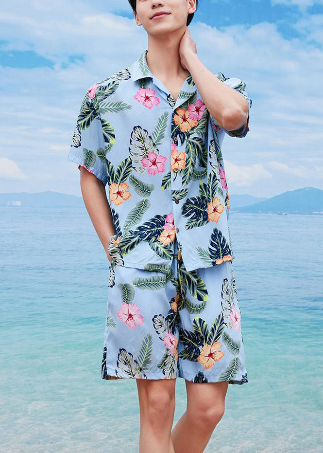 Beach Blue Peter Pan Collar Print Cotton Mens Two Piece Set Summer HG057 Men-Silk-MENTS240725