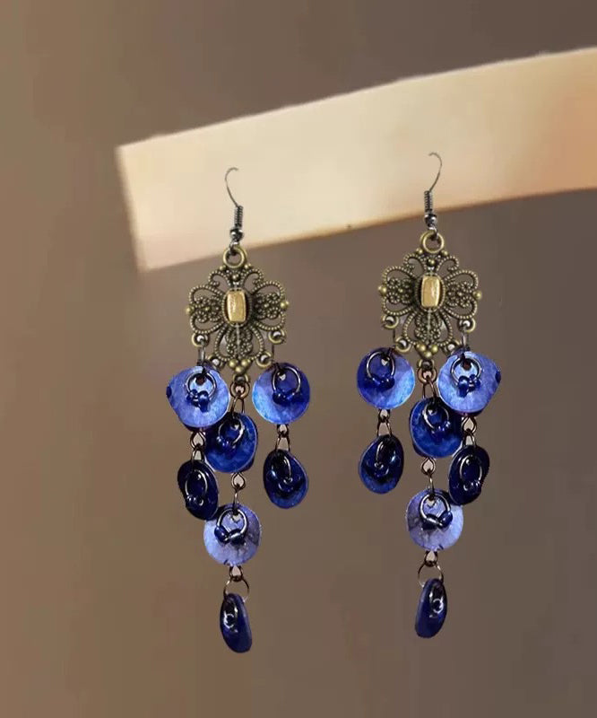 Silver Beach Tassel Sterling Shell Hollow Earrings Blue Drop Out FashionChic