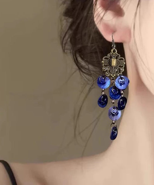Silver Beach Tassel Sterling Shell Hollow Earrings Blue Drop Out FashionChic