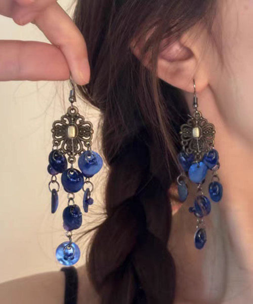 Silver Beach Tassel Sterling Shell Hollow Earrings Blue Drop Out FashionChic