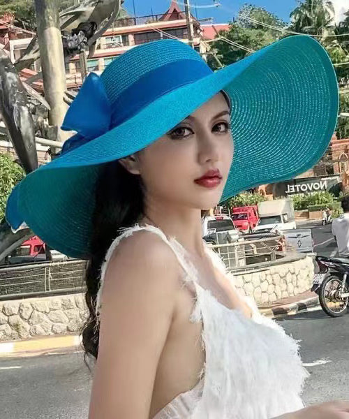 Beach Vacation Style Blue Straw Woven Big UPF 50+ Sun Hat II050 hat-HAT240825