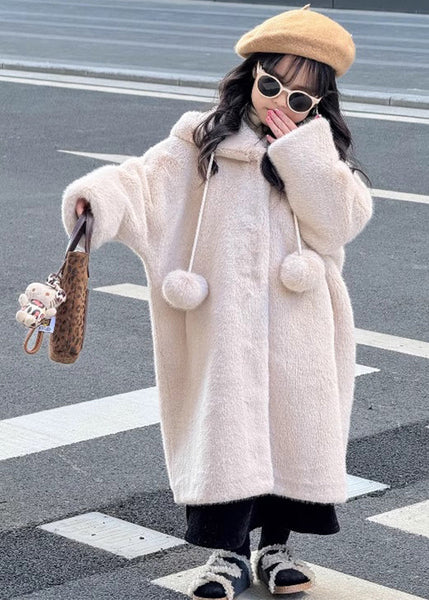Beautiful Apricot Fuzzy Ball Decorated Girls Mink Velvet Hoodies Long Coats Winter TG021