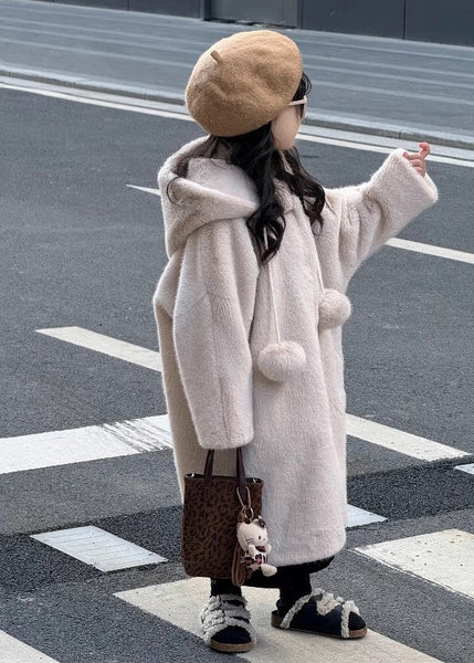 Beautiful Apricot Fuzzy Ball Decorated Girls Mink Velvet Hoodies Long Coats Winter TG021