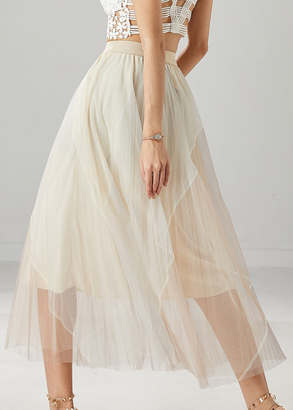Beautiful Apricot High Waist Patchwork Tulle Skirts Summer YU1028 Ada Fashion