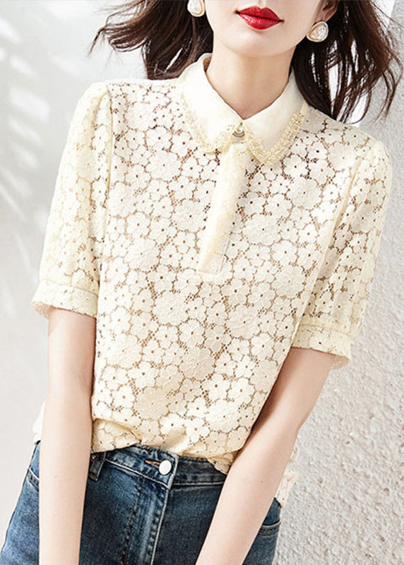 Beautiful Apricot Peter Pan Collar Lace T Shirt Summer WW023 OL-STP240812