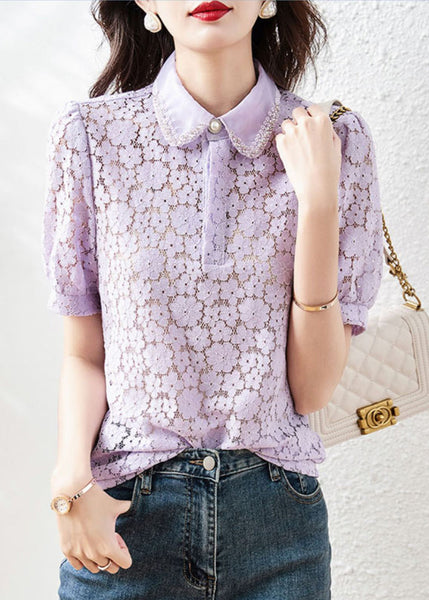 Beautiful Apricot Peter Pan Collar Lace T Shirt Summer WW023 OL-STP240812