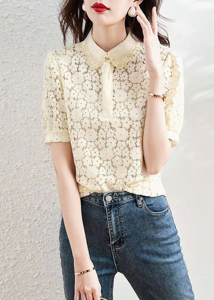 Beautiful Apricot Peter Pan Collar Lace T Shirt Summer WW023 OL-STP240812