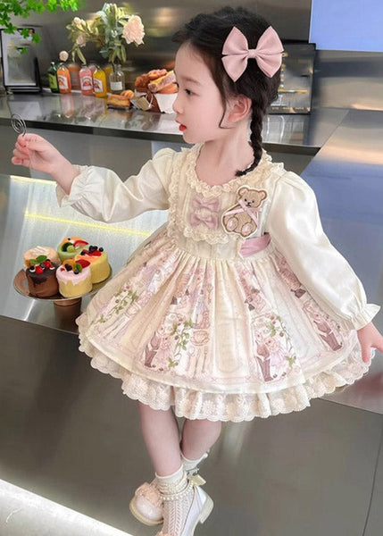 Beautiful Apricot Print Ruffled Girls Vacation Mid Dresses Spring YE024 ABC