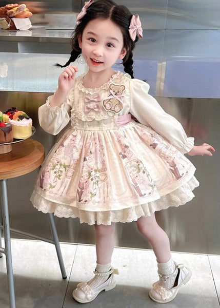 Beautiful Apricot Print Ruffled Girls Vacation Mid Dresses Spring YE024 ABC