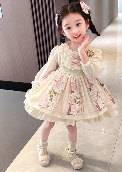 Beautiful Apricot Print Ruffled Girls Vacation Mid Dresses Spring YE024 ABC
