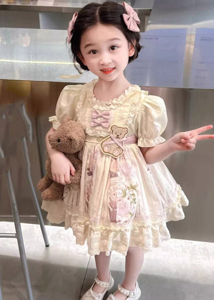 Beautiful Apricot Print Ruffled Girls Vacation Mid Dresses Spring YE024 ABC