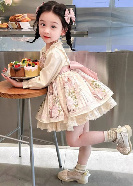 Beautiful Apricot Print Ruffled Girls Vacation Mid Dresses Spring YE024 ABC