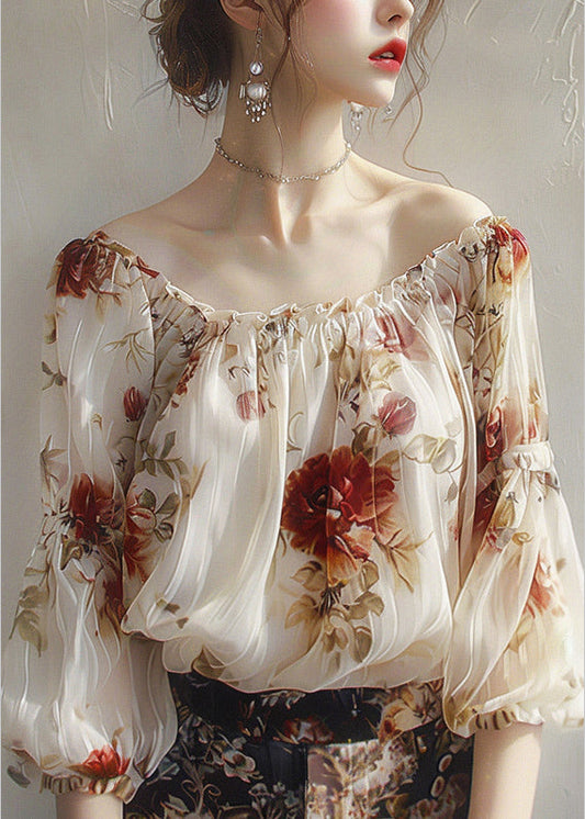 Beautiful Apricot Slash Neck Print Chiffon Top Half Sleeve UU1065 SH-LF-HTP240526