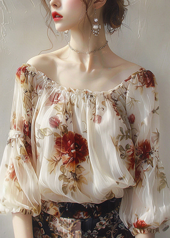 Beautiful Apricot Slash Neck Print Chiffon Top Half Sleeve UU1065 SH-LF-HTP240526