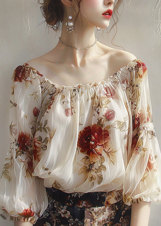 Beautiful Apricot Slash Neck Print Chiffon Top Half Sleeve UU1065 SH-LF-HTP240526