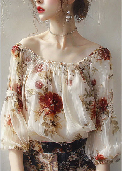 Beautiful Apricot Slash Neck Print Chiffon Top Half Sleeve UU1065 SH-LF-HTP240526