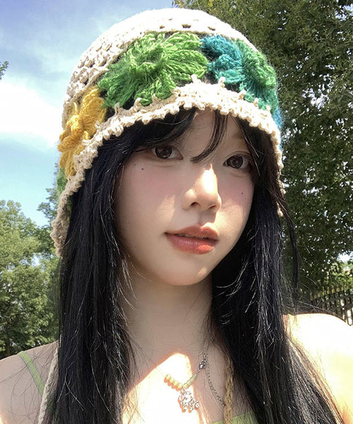 Beautiful Beige Hollow Out Floral Knit Bonnie Hat WI013 hat-HAT241105