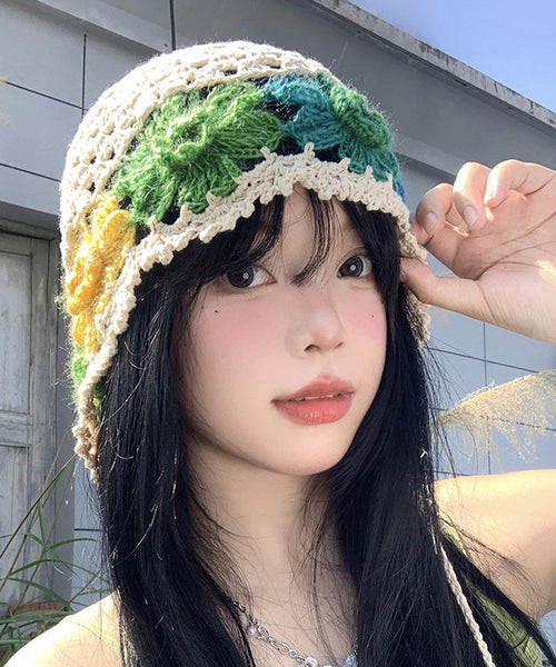 Beautiful Beige Hollow Out Floral Knit Bonnie Hat WI013 hat-HAT241105