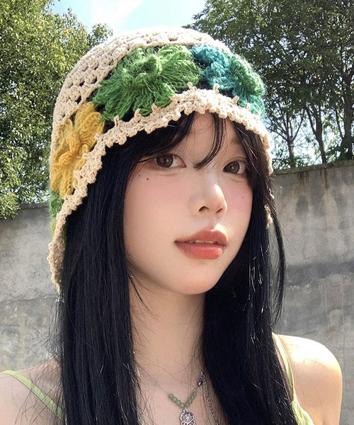 Beautiful Beige Hollow Out Floral Knit Bonnie Hat WI013 hat-HAT241105