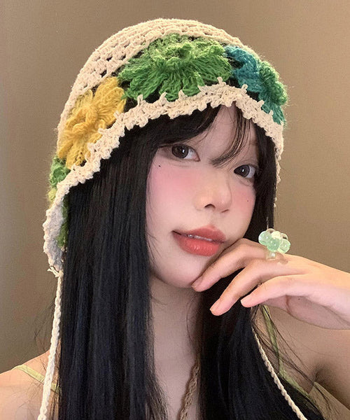 Beautiful Beige Hollow Out Floral Knit Bonnie Hat WI013 hat-HAT241105