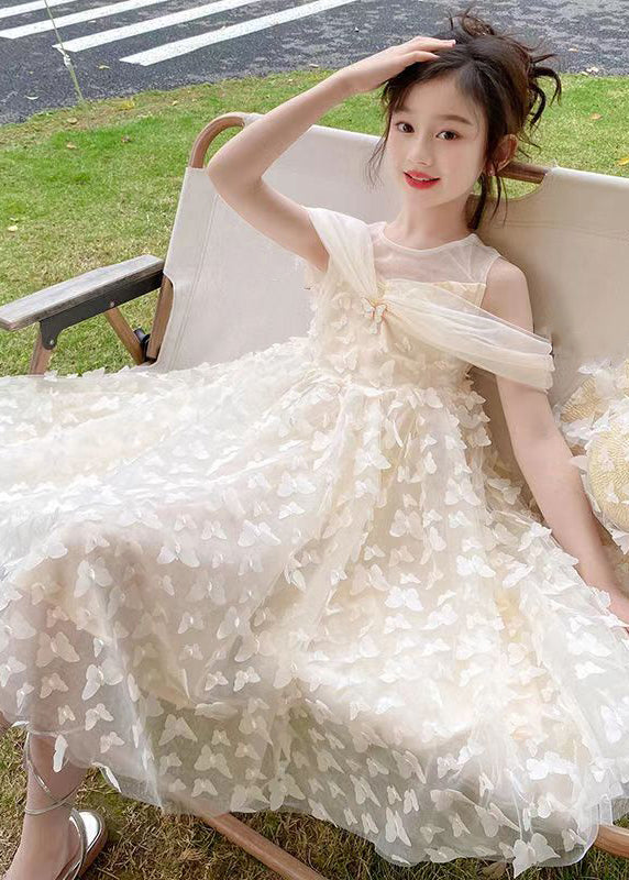 Beautiful Beige O-Neck Butterfly Tulle Girls Long Dresses Summer TT033 WS-JRTZSDGL240817